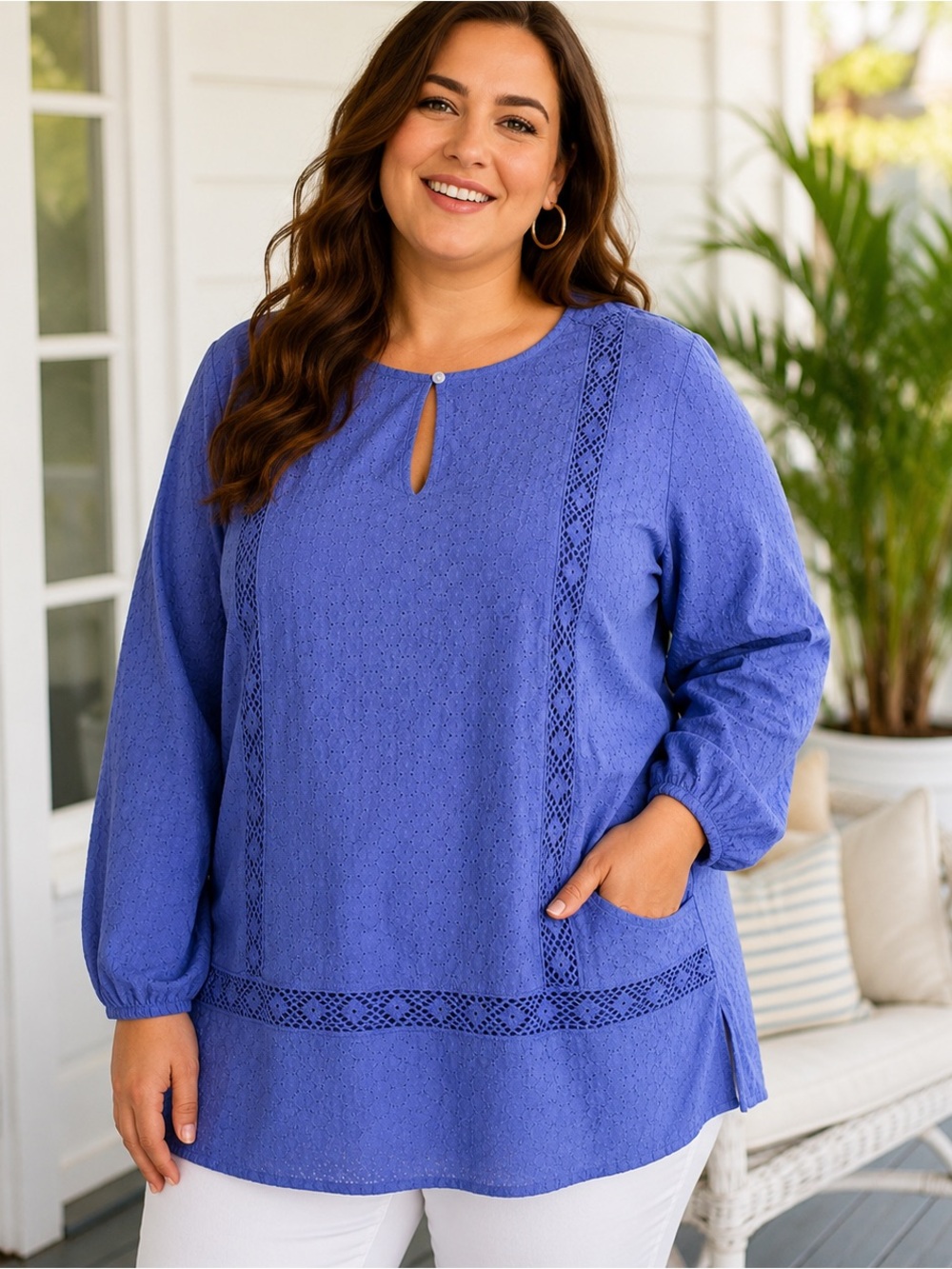 Lands’ End 3X Blue Cotton Eyelet Tunic Blouse Plus Size Long Sleeve